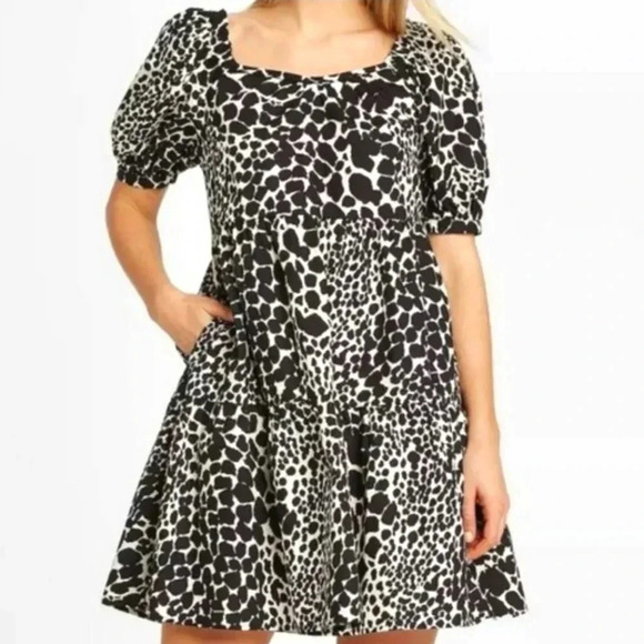 *NWT* Who What Wear Leopard Print Short Puff Sleeve Dress W/pockets Size Small - Picture 2 of 10